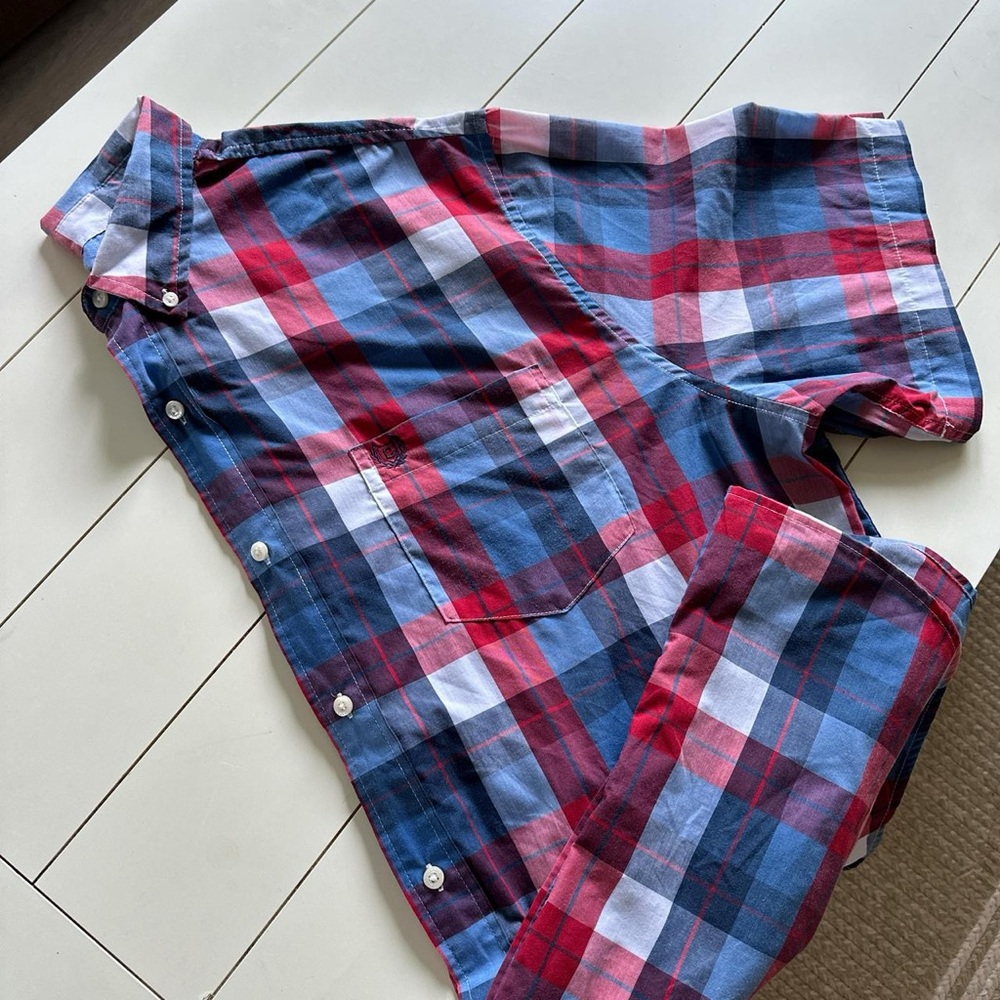 CHAPS- 3XLT- Red white and blue plaid, short sleeved dress shirt.